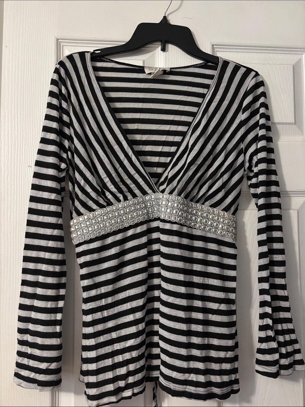 Black & White Striped Long-Sleeve V-Neck Top with Jeweled Waist